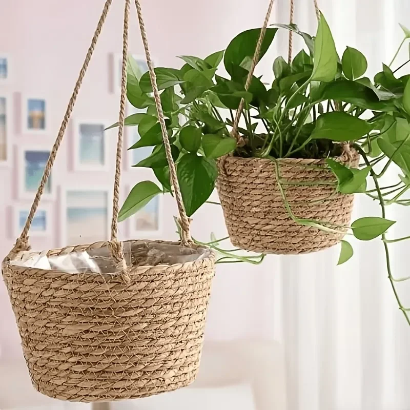 1/2Pcs Rattan Woven Hanging Basket Flower Pot Garden Hanging Planter Flowerpot Handmade Straw Woven Plant Hangers Home Decor