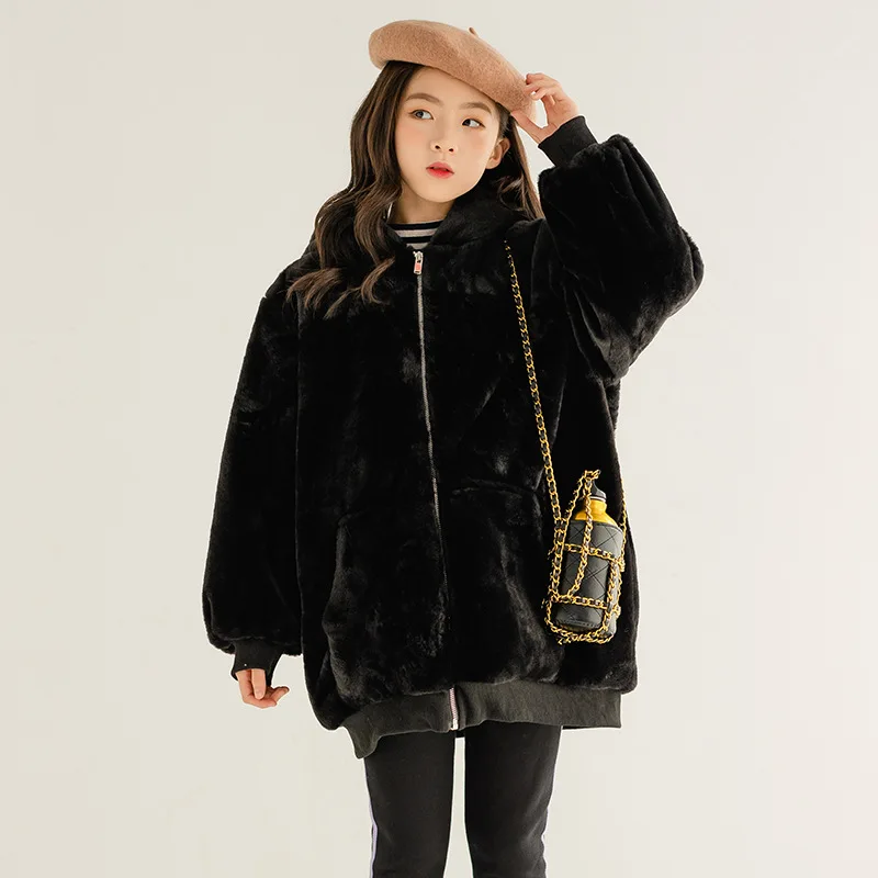 2024 Winter School Girl Thicken Coats Children Girl Plus Velvet Rabbit Fur Hooded Zipper Jacket Junior Girl Casual Outwears