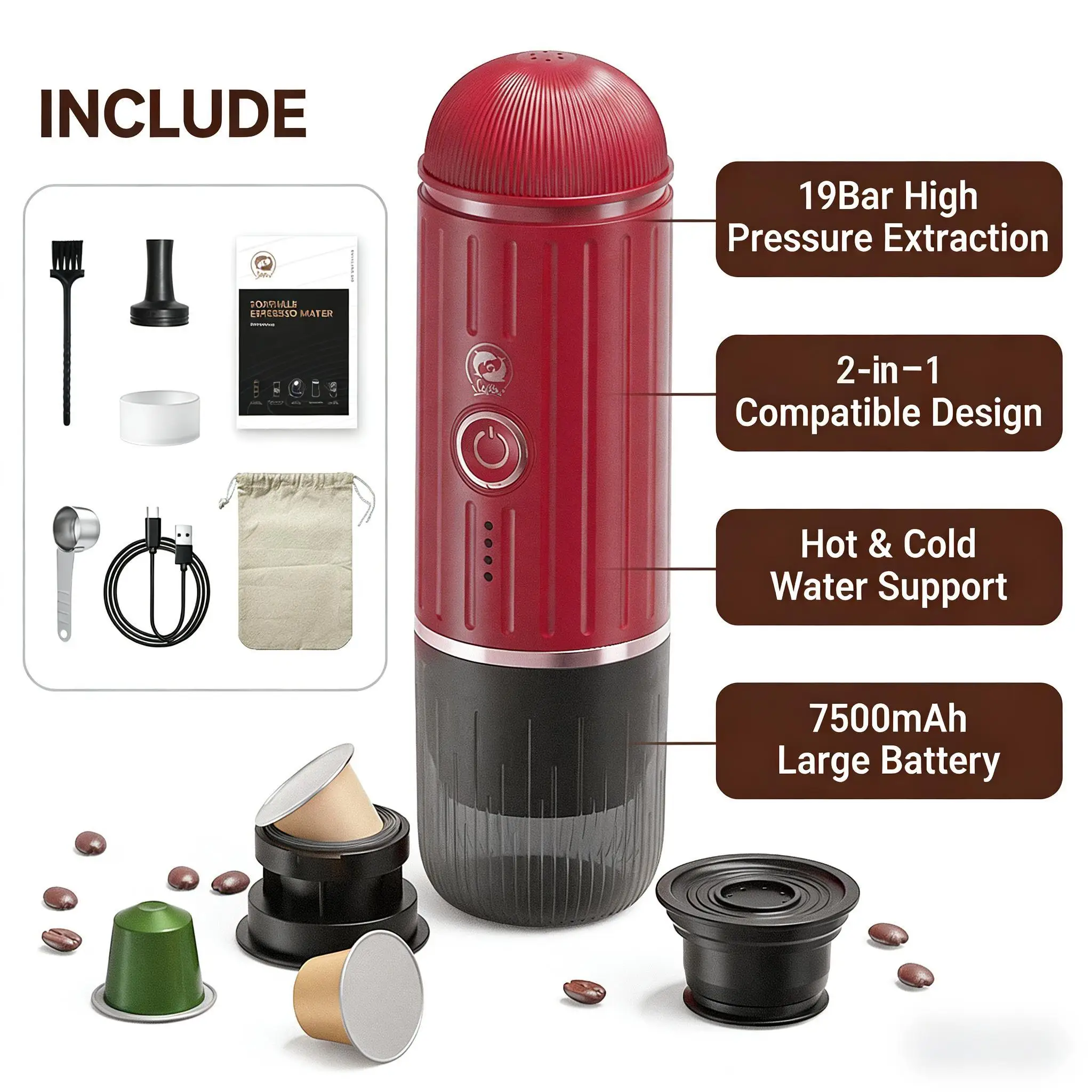 Mini Portable Espresso Machine, USB Powered, Hot & Cold Extraction, Dual Use for Coffee Powder & Capsules