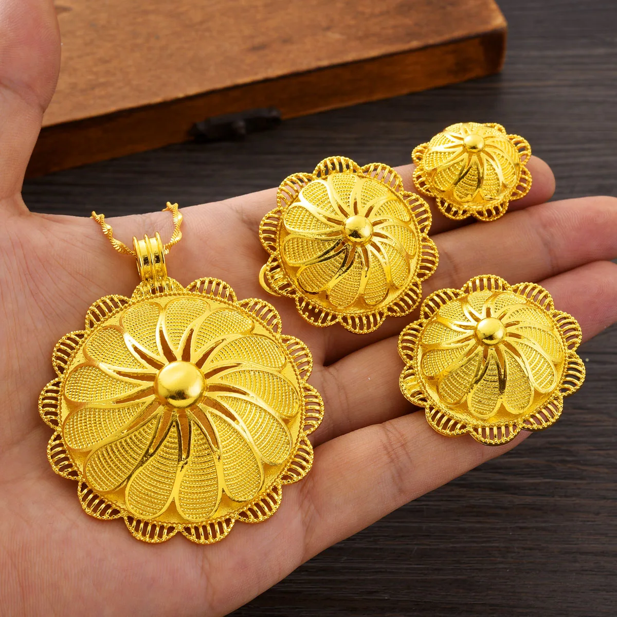 African Ethiopian Golden Color Jewelry Set Women Exquisite Big Pendant Ring Earrings Arab Bridal Wedding Traditional Gift