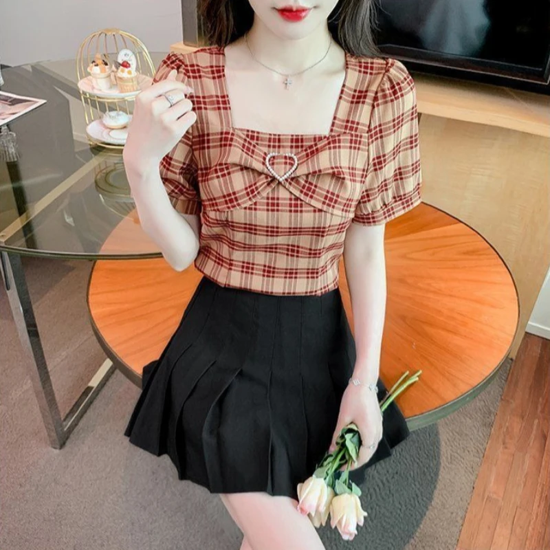 

Женский топ с коротким рукавом в клетку, новинка 2026 года, летний, во французском стиле, с пышными рукавами, укороченный, дизайнерский, нишевый