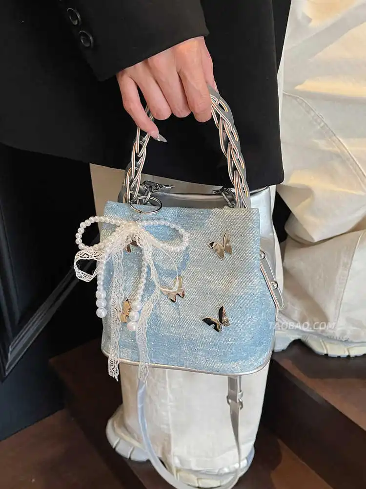 حقائب دلو فاخرة من قماش الدنيم للنساء جديدة متعددة الاستخدامات للتنقل من الماس اللامع حقائب كروس عصرية حقائب يد نسائية متخصصة