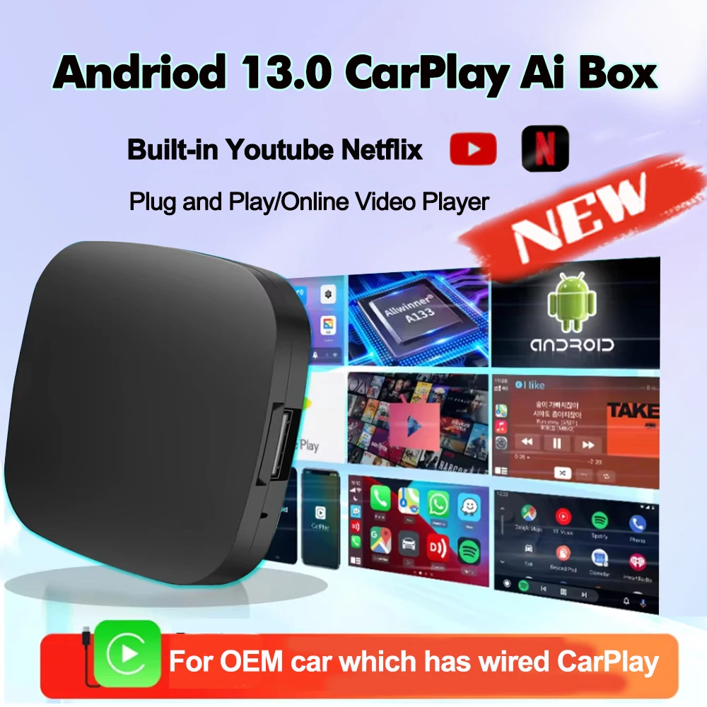 Ai Box Android 13 Wired to Wireless Carplay Android Auto Adapter WiFi For Youtube Nexflit Cars Smart Ai Box Bulit in Play Stroe