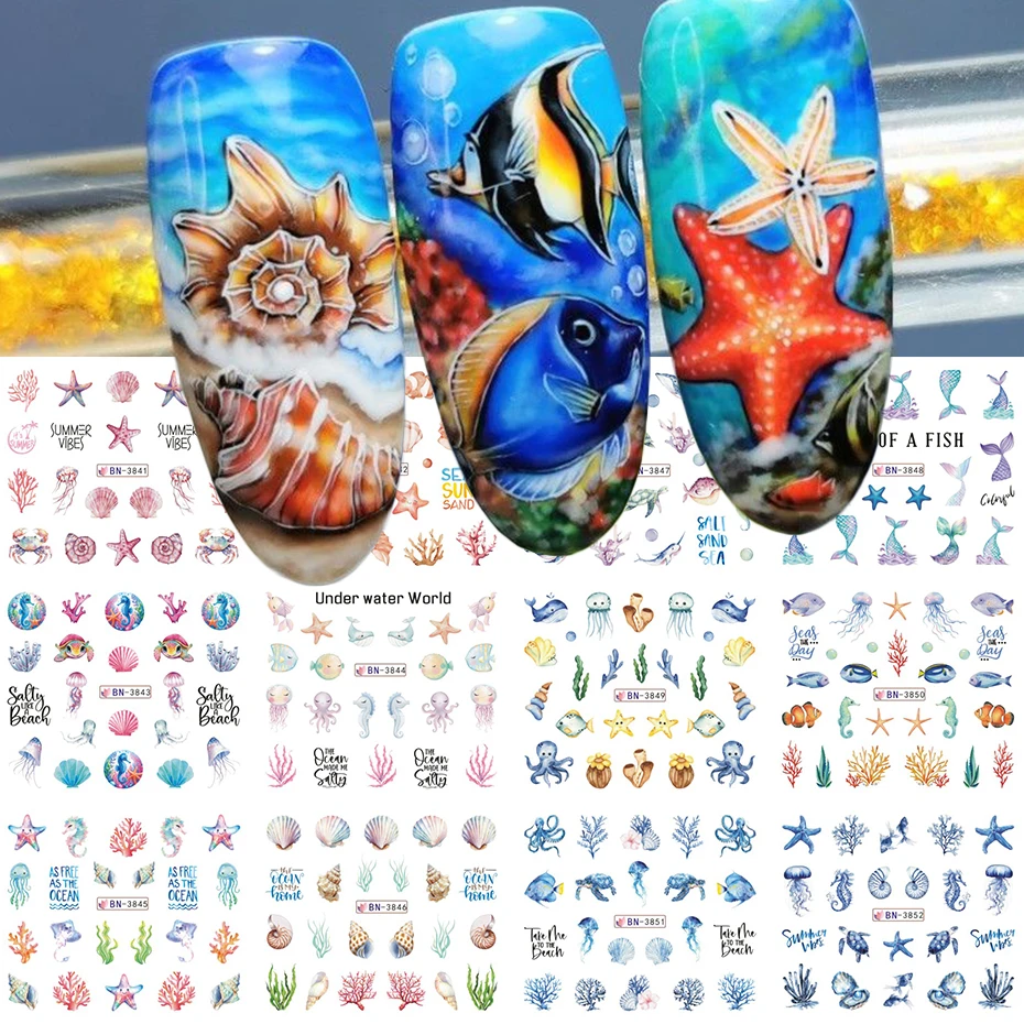 12pcs Ocean- Themed Wonders Nail Water Transfer Stickers Including Patterns of Shells, Starfish, Jellyfish for Summer Nail Decor