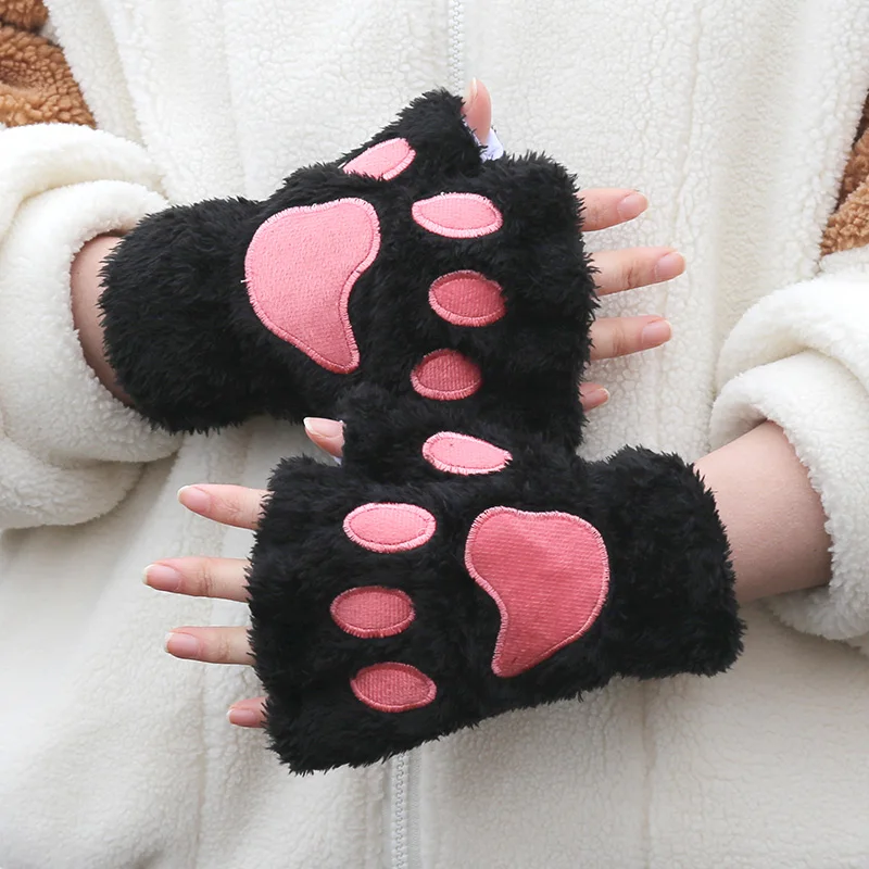 Cartoon Cat Paw Gloves Winter Cute Girl Open Finger Gloves Women Plush Warm Mittens Thickened Fluffy Bear Paw Half Finger Gloves