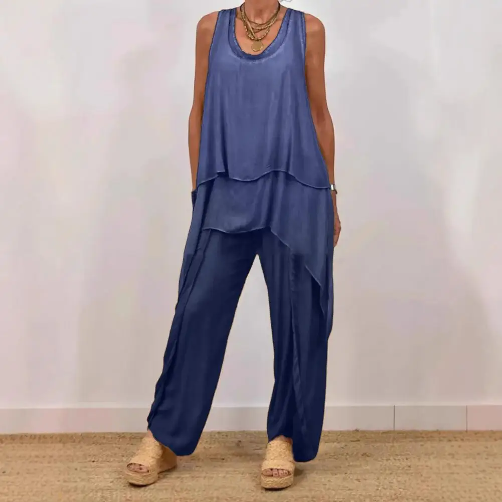 

Trendy Two Piece Outfit Stylish Women's Sleeveless Two Piece Set with Irregular Top Wide Leg Pants for Casual Summer Wear Women