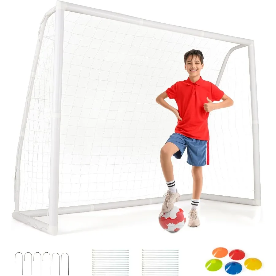 

Футбольные ворота GYMAX для использования на заднем дворе на открытом воздухе с всепогодной сеткой включает в себя колья и застежками-молнией. Легкая сборка. Складная розетка.