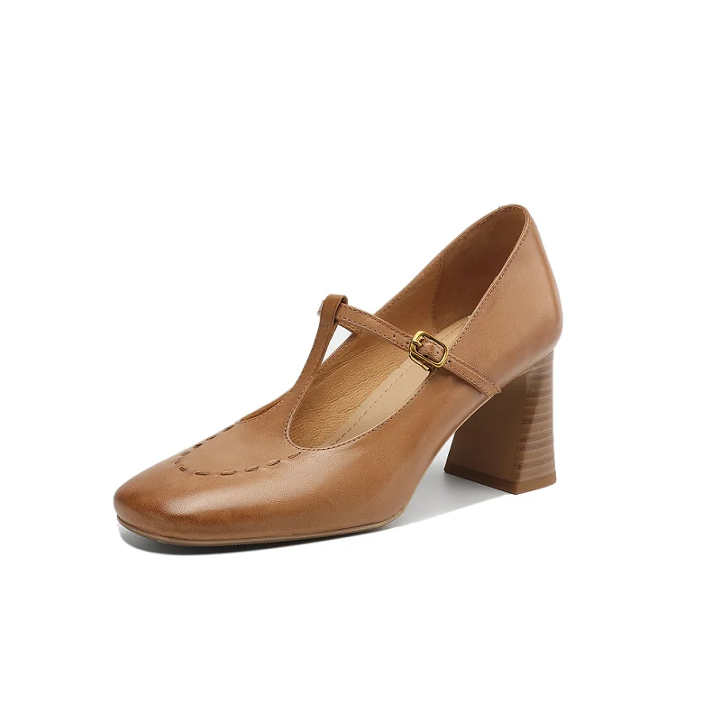 

Womens Pumps Cowhide Retro Mary Jane French Style T- Strap Ladies Shoes Spring Atumn Dress Nude Pumps Simple Shoes Block Heel