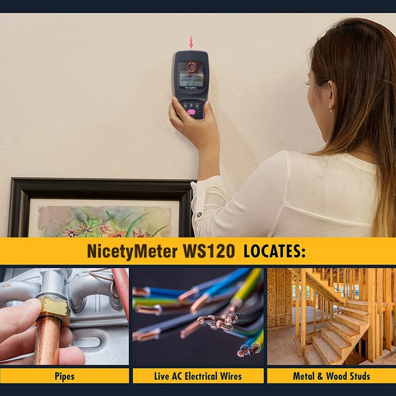 Nicety Meter 5-in-1-Bolzen-Metalldetektor, Wandscanner, AC-Holzsucher, Kabel, Draht, Tiefen-Tracker, Sanitär, Untergrund, WS120