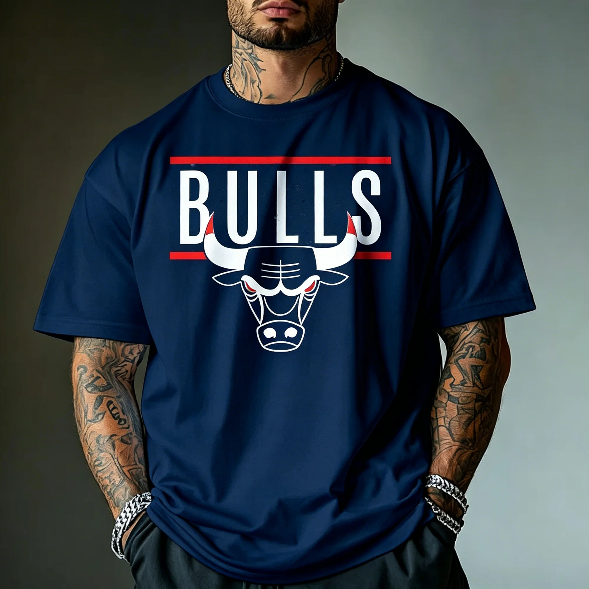 100 pure cotton bull letter print short-sleeved men's American retro loose street trendy casual versatile round-neck T-shirt
