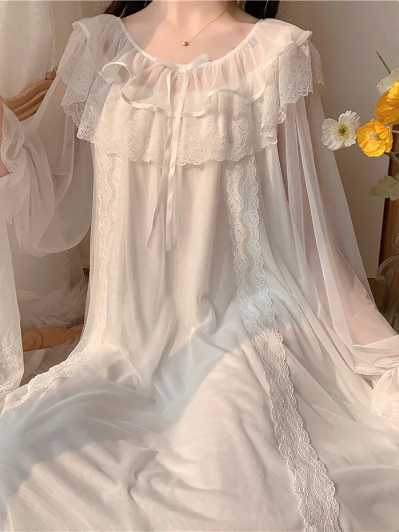 Chemise de nuit vintage à volants pour femmes, vêtements de nuit princesse Lolita, dentelle blanche, maille dégradée, robe de nuit victorienne,