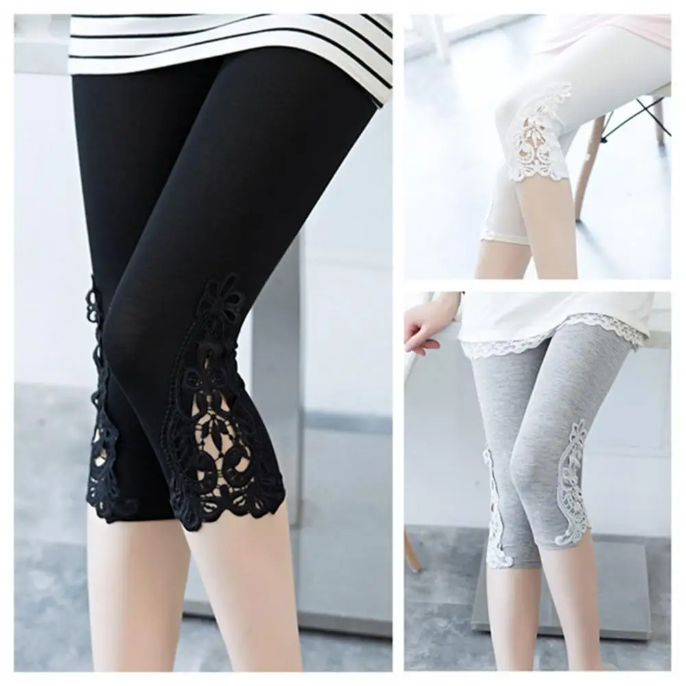 

Women Cropped Leggings Elastic Waist Embroidery Lace Stitching Summer Stretchy Cropped Pants Thin Tight-Fitting Pants