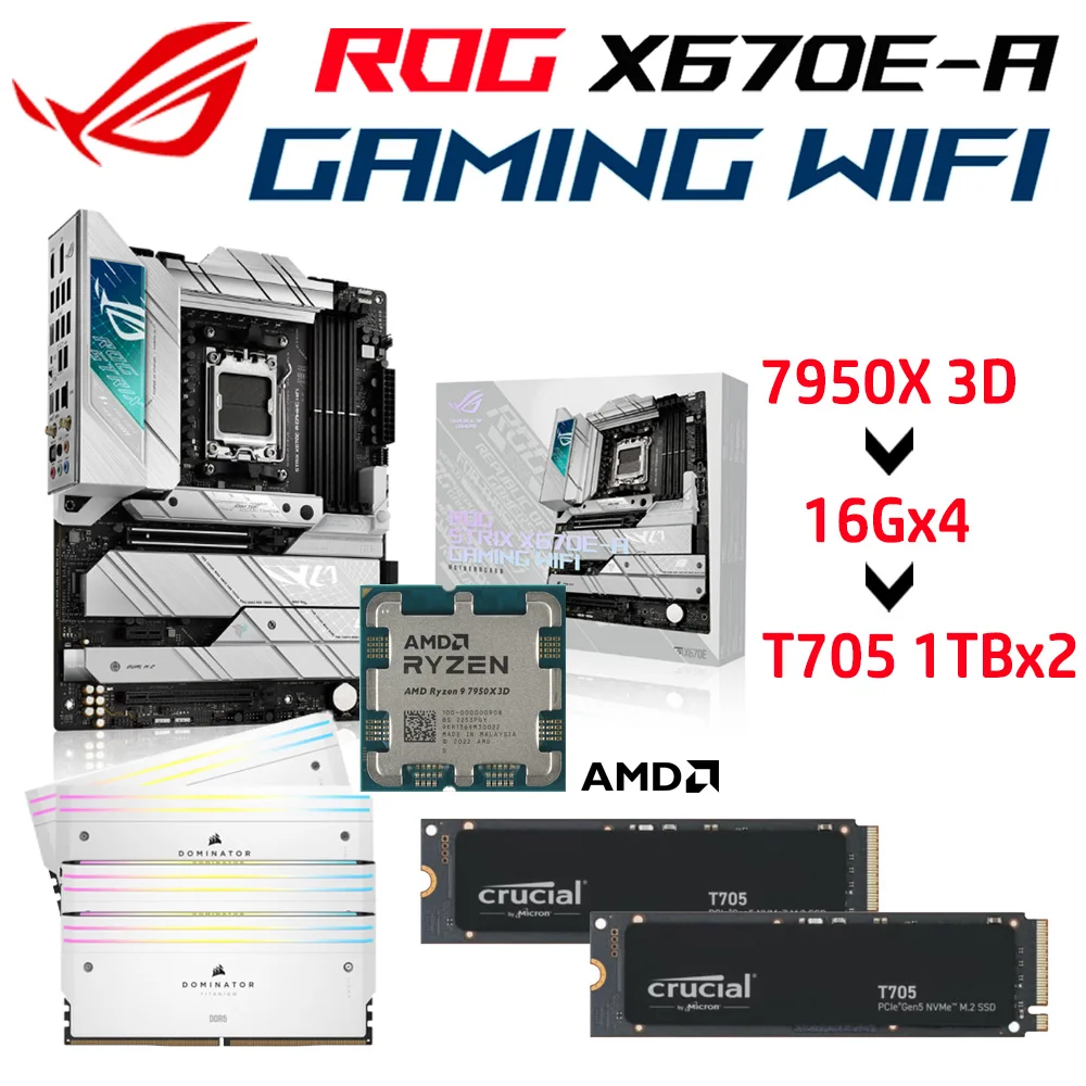 ASUS ROG STRIX X670E-A GAMING WIFI Socket AM5 + 7950X 3D + D5 6400MHz 64GB + T705 PCIE5.0 2TB SSD AM5 Motherboard Kit New