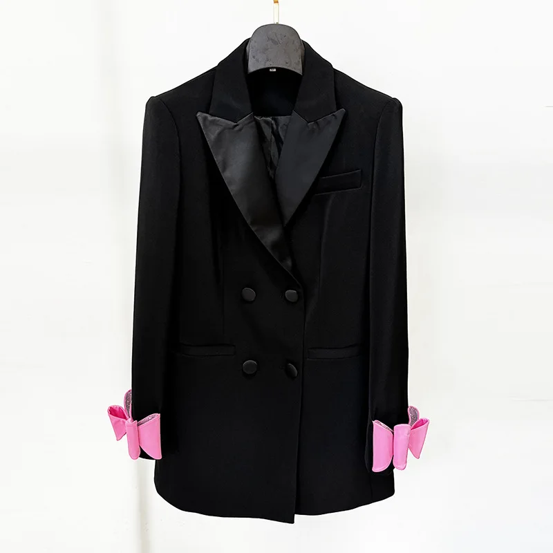 2024 European Celebrity Fashion New Double Breasted Dress Beading Bow Long Suit Jacket Blazer Office Lady Coat High Quality G630