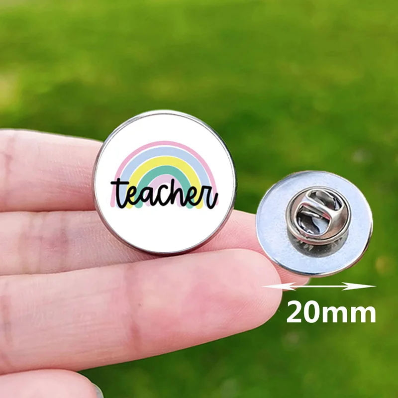 Teacher Gift Women\'s Brooch Coffee Teach Repeat Rainbow Heart Art Pattern Glass Stainless Steel PIN Teacher\'s Day Souvenirs Men