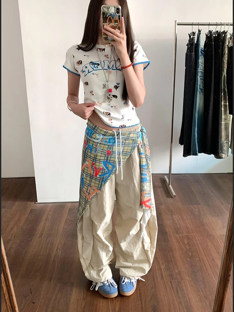 Y2K-ropa de calle para mujer, pantalones Cargo holgados de cintura alta con retales, pantalones de paracaídas Bf Hip Hop, pantalones de chándal de baile de Jazz con cinta que combinan con todo