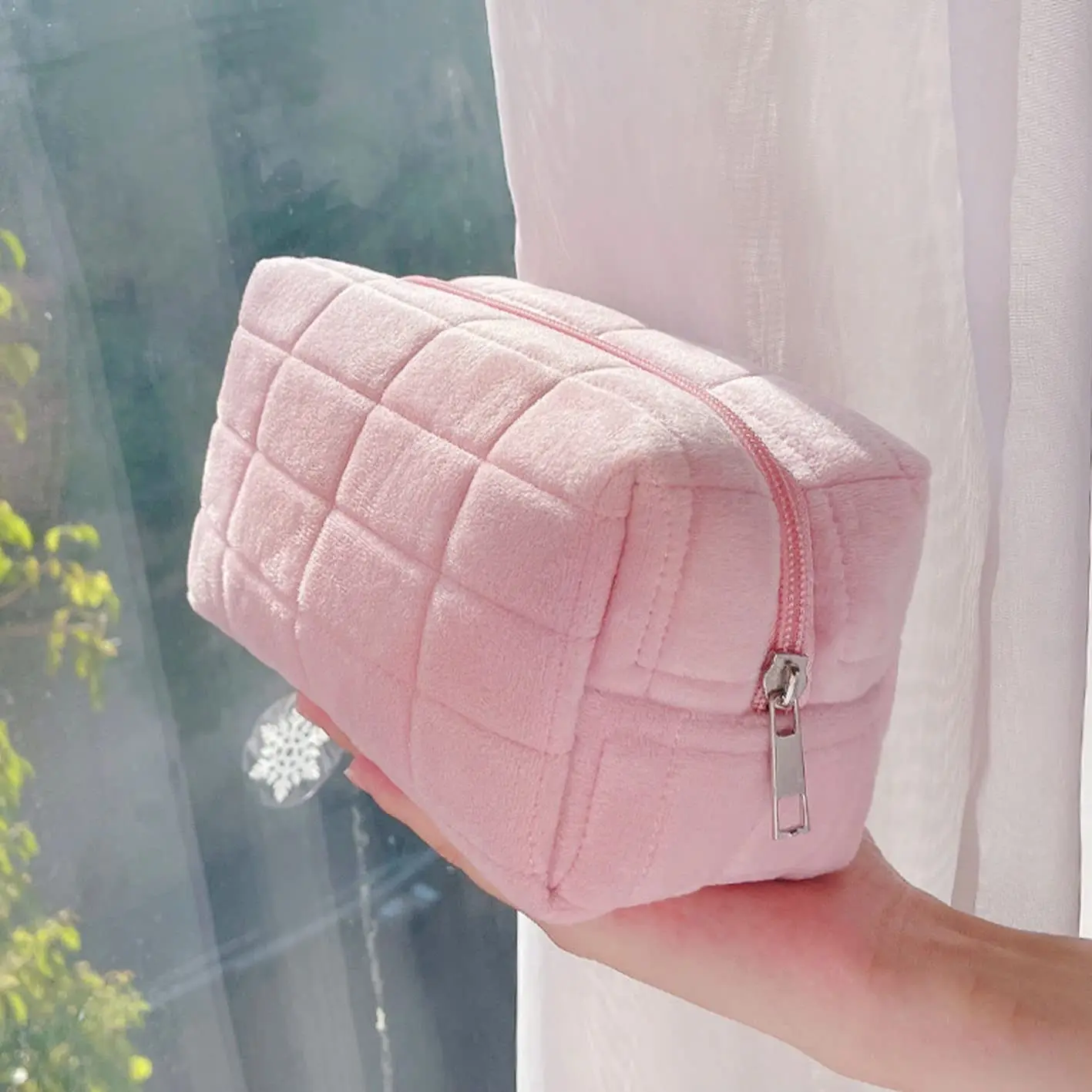 Large Capacity Pink White Blue Plush Makeup Bag Pencil Case Cute Student Storage Bag Soft Multifunctional Cosmetic Bag Organizer