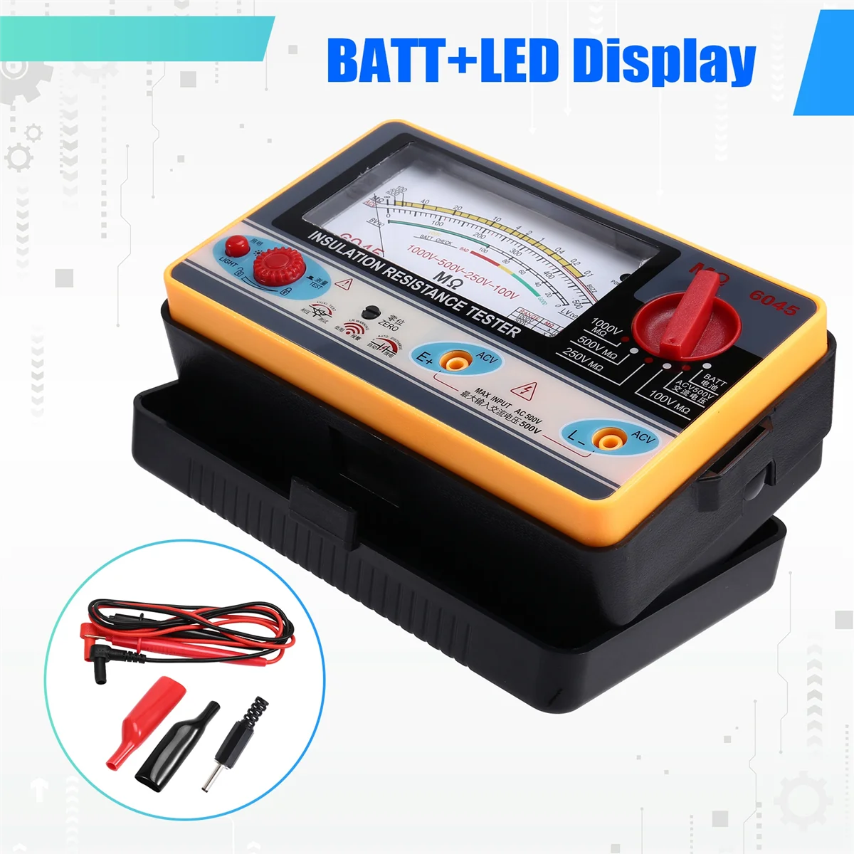 

2025+TY6045 Insulation Resistancer Digital Ohmmeter Handheld Tester Megameter 0-2000MΩ 100V/250V/500V/1000V High Accuracy