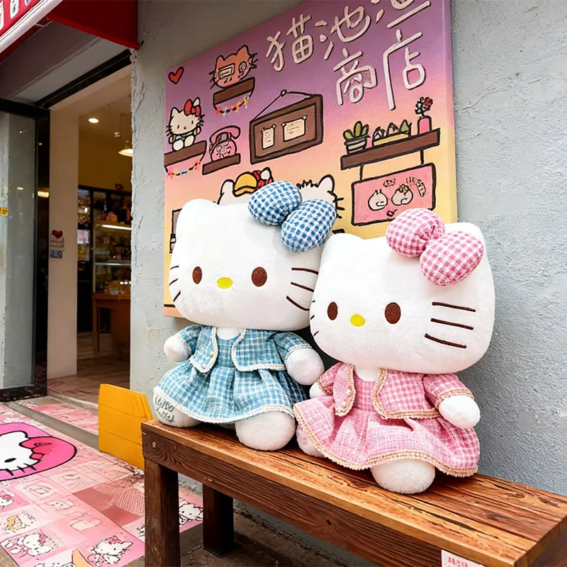 Sanrio плюшевая игрушка-кошка, большая клетчатая юбка, кукла для детей, подарок на день рождения, Рождество, идеальный приятный компаньон перед сном