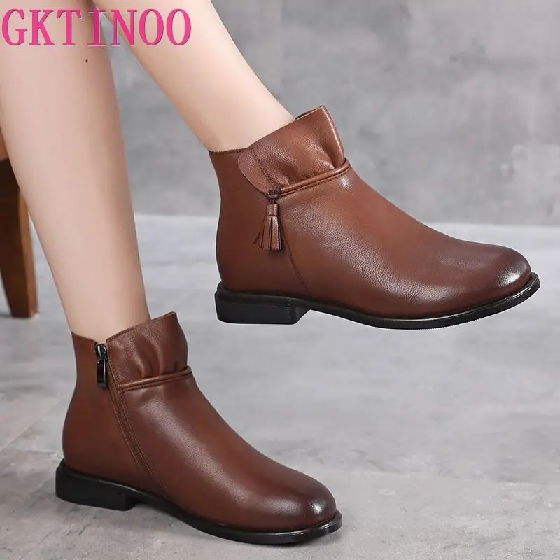 GKTINOO 2024 Winter Genuine Leather Ankle Boots Handmade Lady Soft Flat Shoes Comfortable Casual Moccasins Side Zip Short Boots