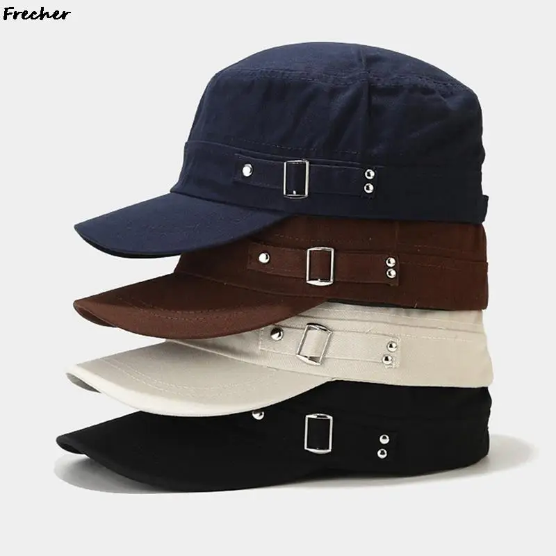 Vintage Cotton Cadet Hat Breathable Flat Top Sun Hats Men Women Metal Buckle Snapback Caps Outdoor Military Army Visors Cap New