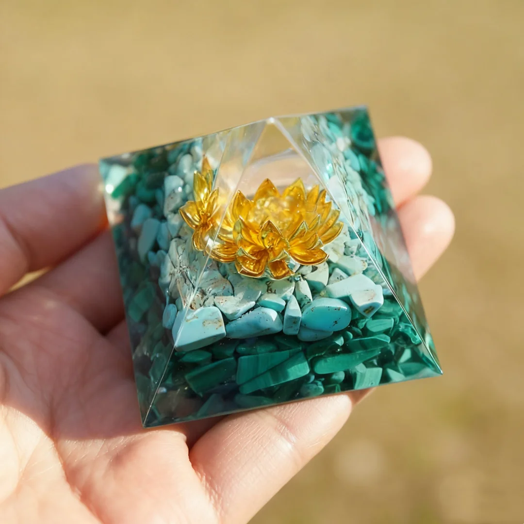 1 قطعة كرة كوارتز وردية النحاس زهرة أورجون الهرم مع كريستال الفيروز والملكيت ، الحلي اليدوية لسطح المكتب المنزلي #4