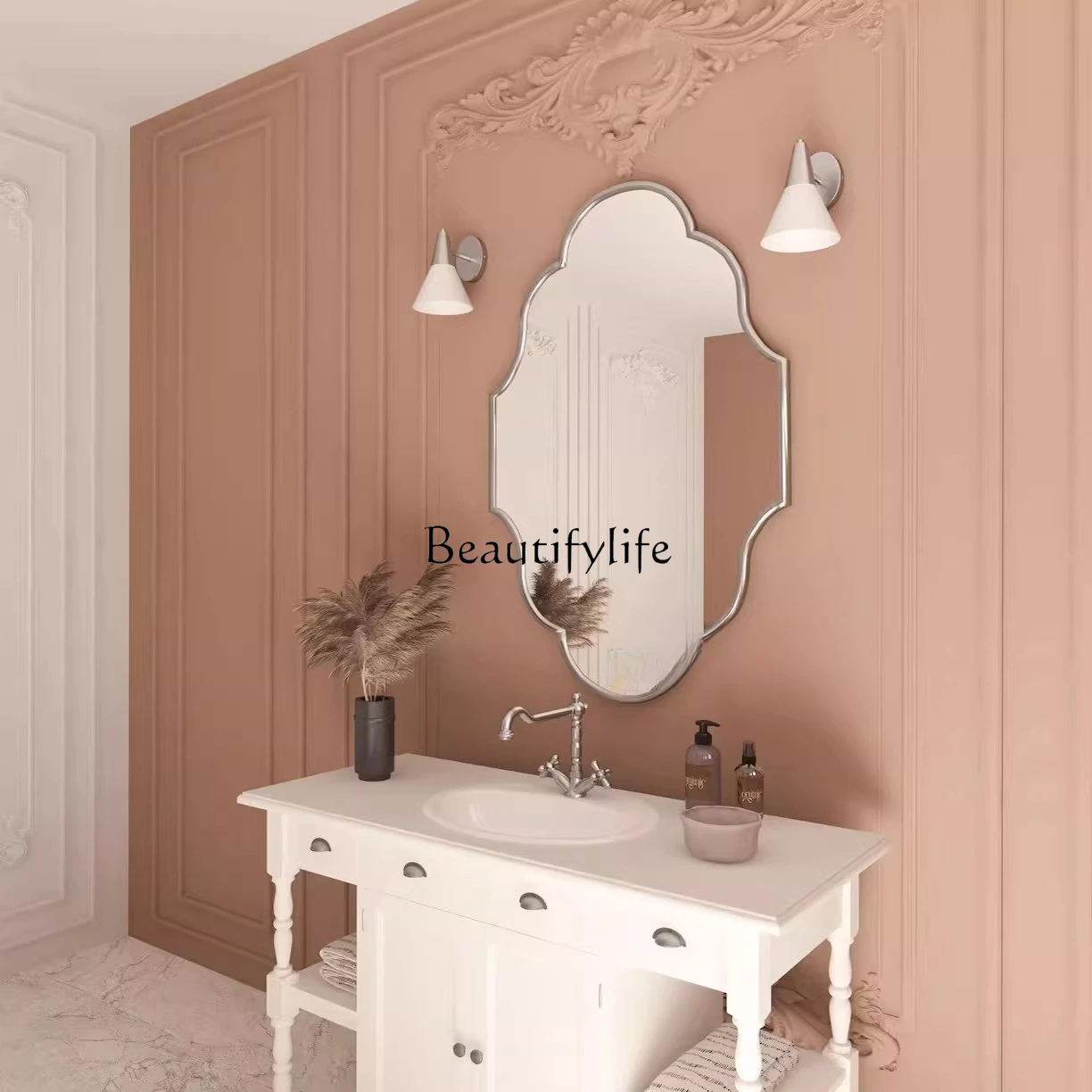 1**French smart bathroom mirror special-shaped bathroom makeup wall-mounted decorative mirror simple
