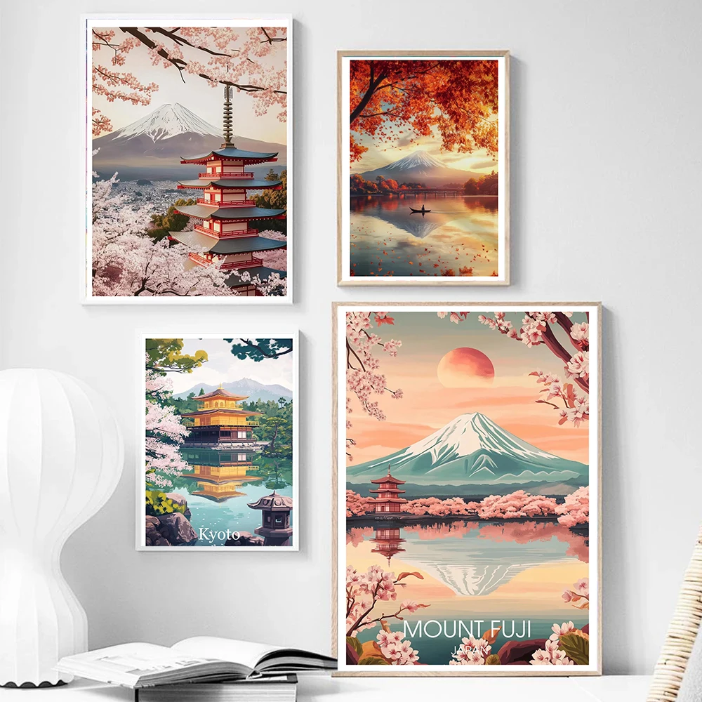Peaceful Retro And Beautiful Japanese Mount Fuji Temple Pagoda Tourism Landscape Art Poster Canvas Print Bedroom Home Wall Decor