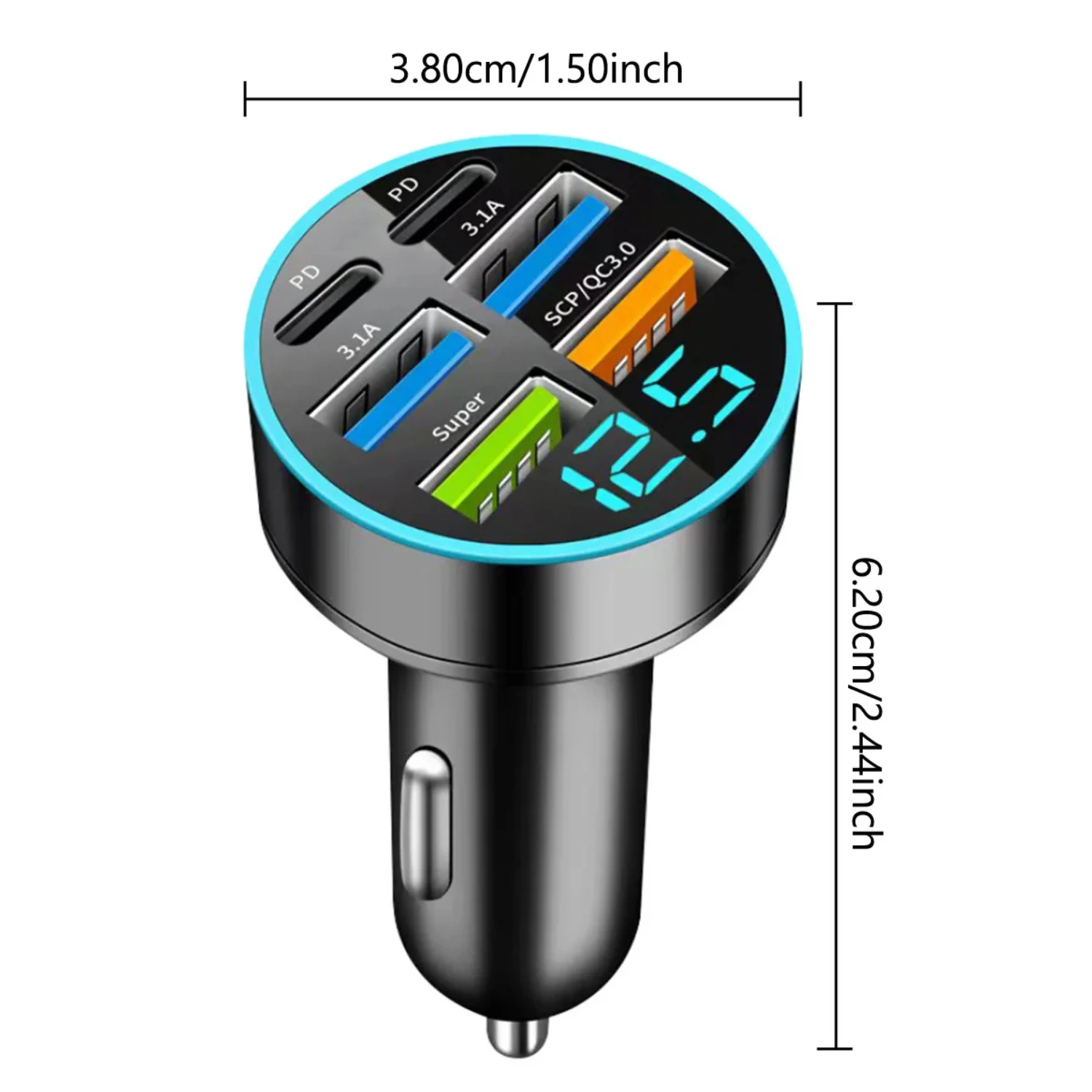 Enhanced Voltage Detection Super Fast Charging USB C Car Charger with 6 Charging Ports and Digital Display - Ultimate Type C Pho