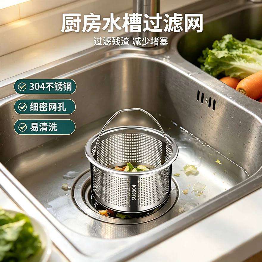 304 Stainless Steel Sink Strainer Basket With Handle Anti‑Clog Food Residue Catcher Kitchen Sink Drain Filter Mesh Kitchen Tool