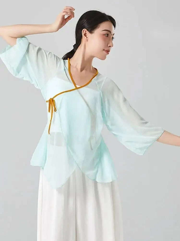 สีทึบ V คอตาข่ายสําหรับผู้หญิงกลางแขน SLIM FIT เสื้อเต้นรํา Modern Performance สวมใส่ร่วมสมัยซ้อมเครื่องแต่งกาย