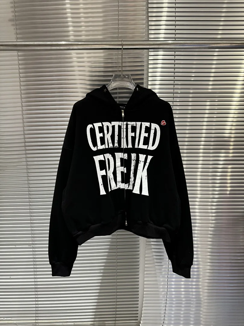 High Quality Certified Freik Vintage Zip Hoodie Retro Distressed Letter Print Short Boxy Oversized Unisex Streetwear Coat