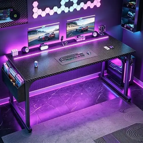 55” Carbon Fiber Gaming Desk, IP65 RGB LED Computer Desk with Side Storage Bag & Headphone Hook, Sturdy Metal Frame