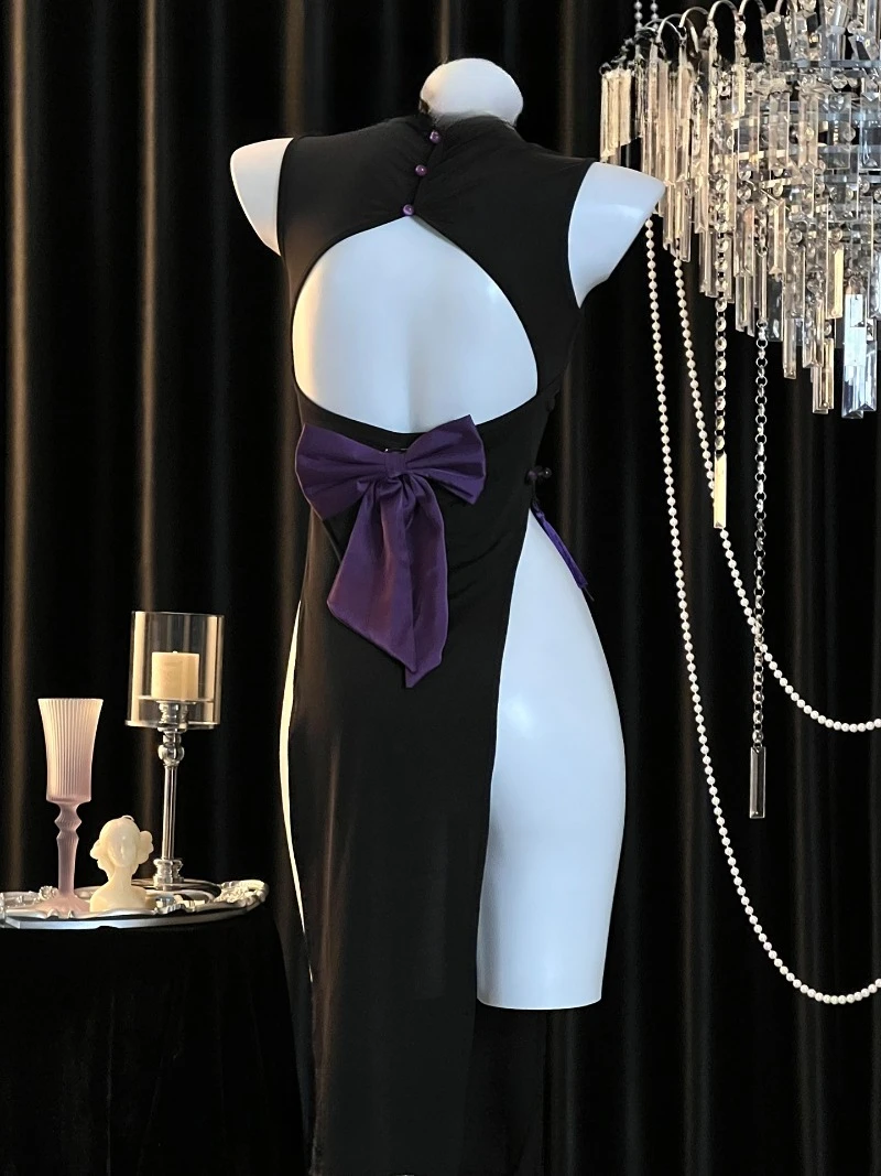 섹시한 순수한 욕망 스타일, 컷아웃 하이 슬릿, 몸매를 드러내는 민소매 롱 드레스, 여성용 리본 로맨틱 유니폼, 유혹적이고