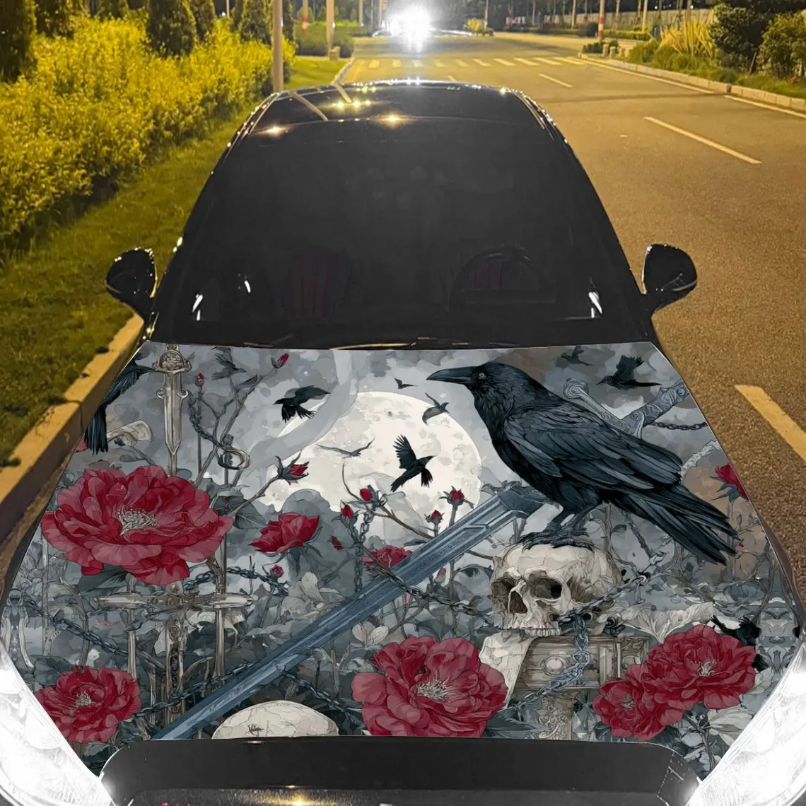 

Raven Standing on Skull with Sword Car Vinyl Wrap, PVC Material Waterproof Car Hood Sticker, Self-Adhesive Scratch-Resistant Sti