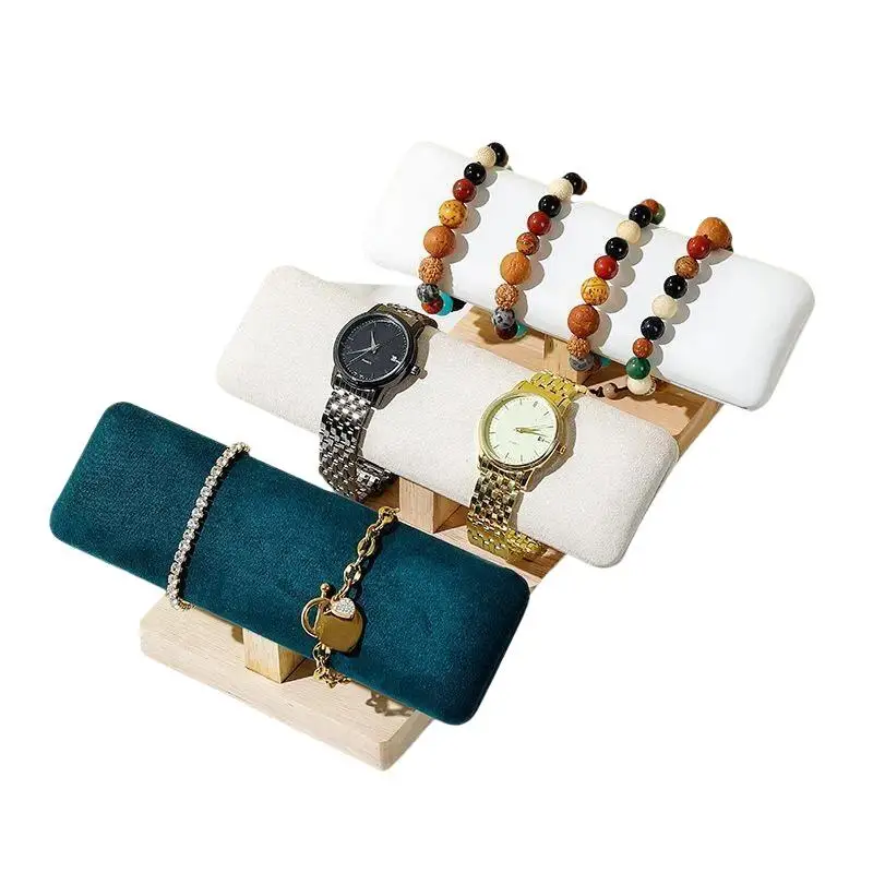 1 Stück T-förmiger Schmuckhalter mit Holzsockel aus PU-Leder und Samt für Armbänder, Uhren, Haarbänder und Schmuck. – Detail 11