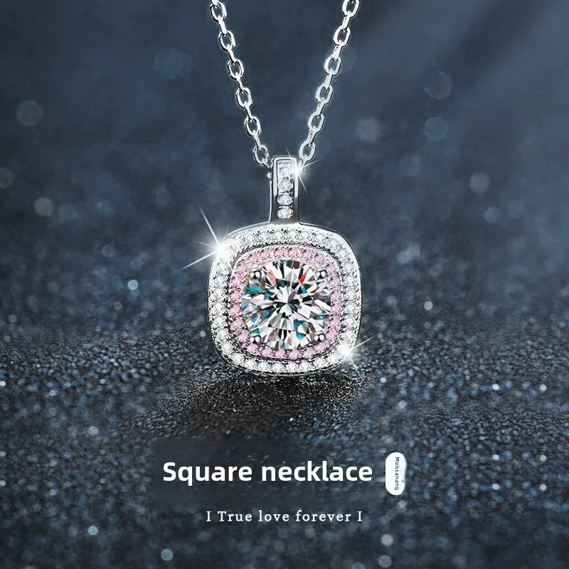 Light luxury 925 sterling silver moissanite square necklace for women, anniversary valentine's day gift