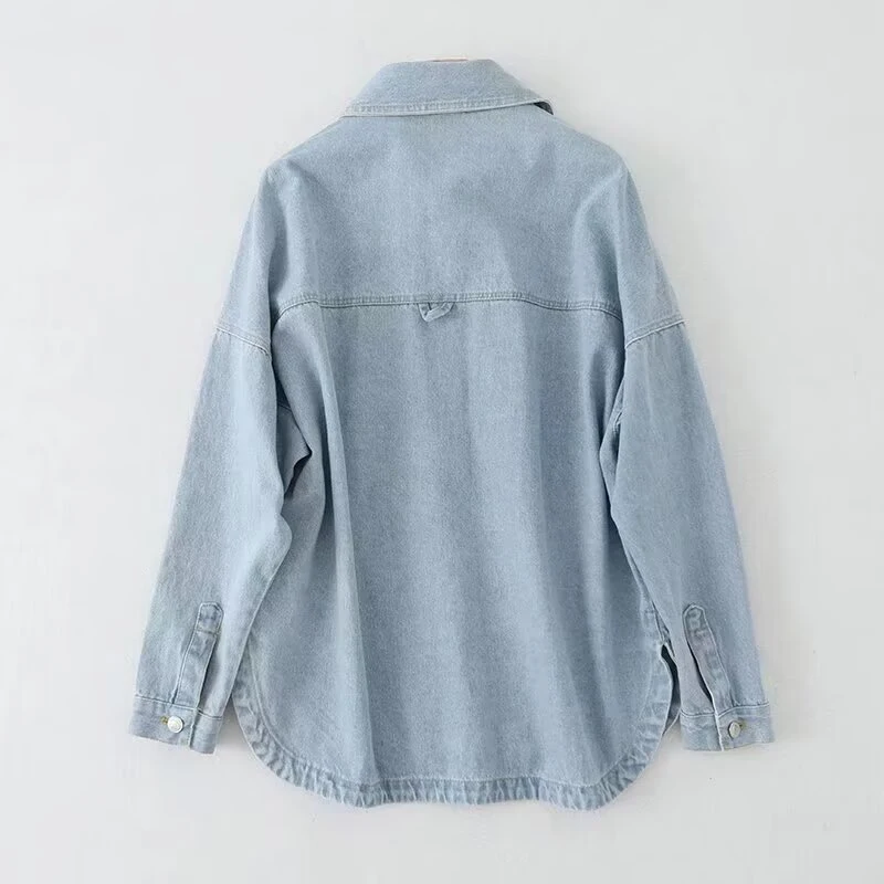 Willshela Women Fashion With Pockets Denim Solid Single Breasted Blouse Vintage Lapel Neck Long Sleeves Female Chic Lady Shirts