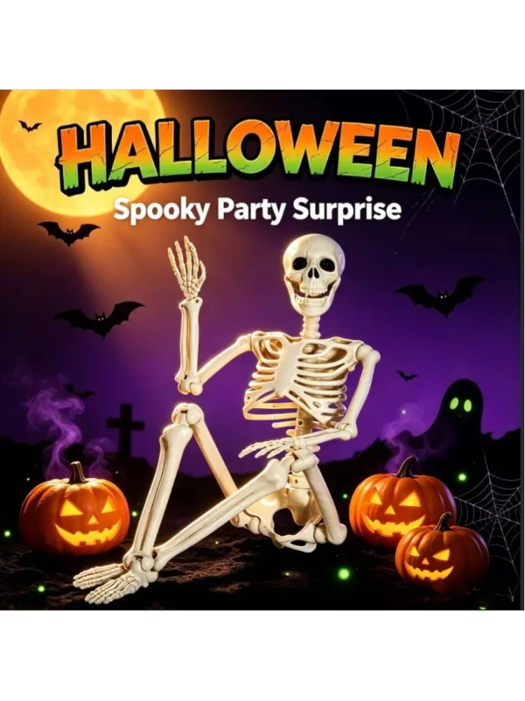 Gruseliges Halloween-Skelett, 94 cm, Ganzkörper-Skelett mit beweglichen Gelenken, ideal für Halloween, Innenräume, Gärten, Wohnhäuser, Terrassen und als Dekoration für Spukhäuser.