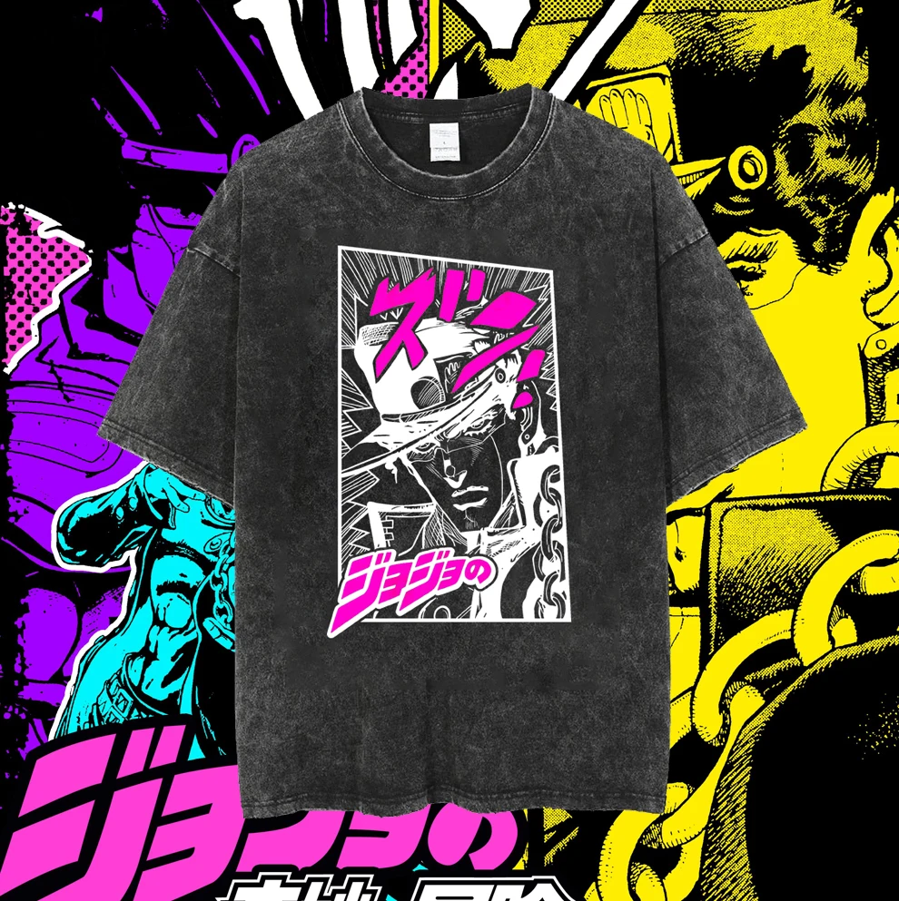 

American Vintage Jojo's Wonderful Adventure Kira Yoshikyo Anime Print T-shirt Washed Short Sleeves Men and Women