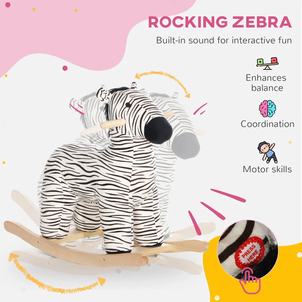 Cavalo de balanço, animal de balanço infantil, passeio em forma de zebra com som realista para meninos e meninas de 2 a 4 anos, preto