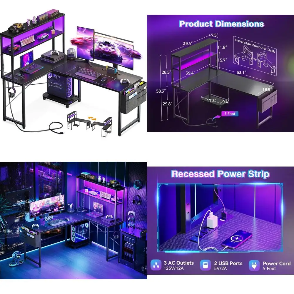 

53 LED-lit Corner Desk with Power Outlet, Reversible L-Shaped Gaming Computer Desk with Storage