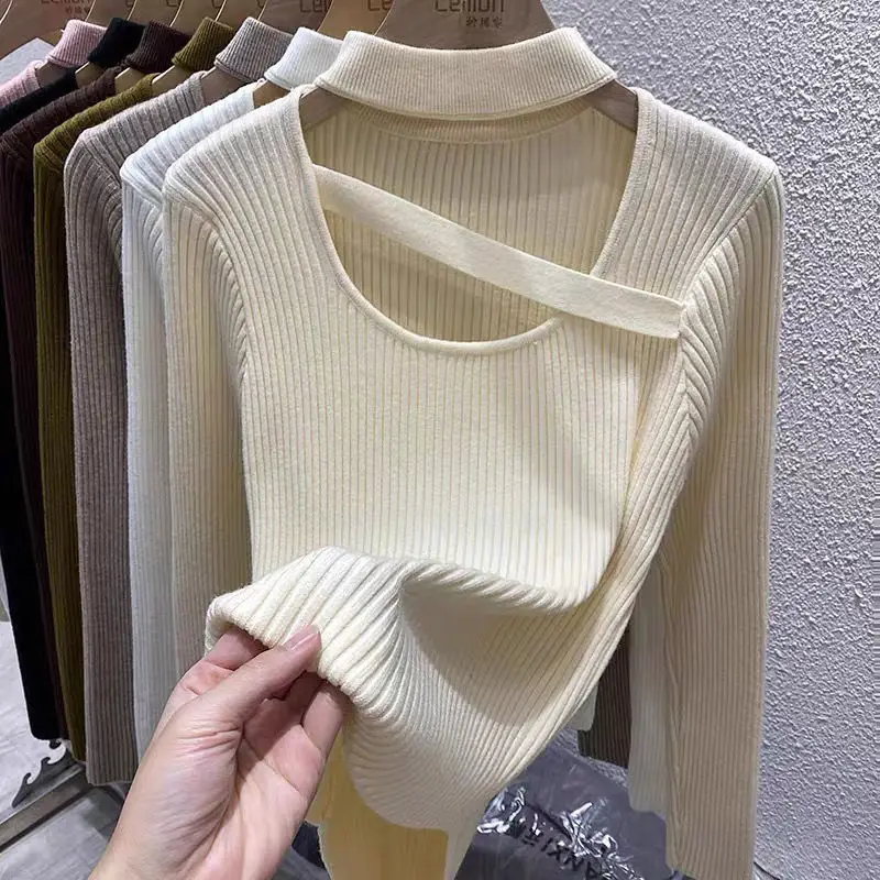 

Unique Knitted Sweater Women Pullovers Fashion Long Sleeve Mock Neck Hollow Out Knit Sweater Pullover Women Tops Knitwears Q1763