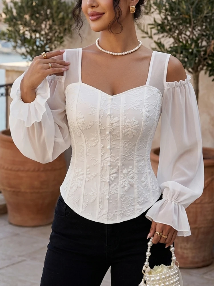 

Women 2026 New Multi Color Cold Shoulder Blouse Long Flared Sleeve Jacquard Hollow Split Joint Elastic Solid Color Tops