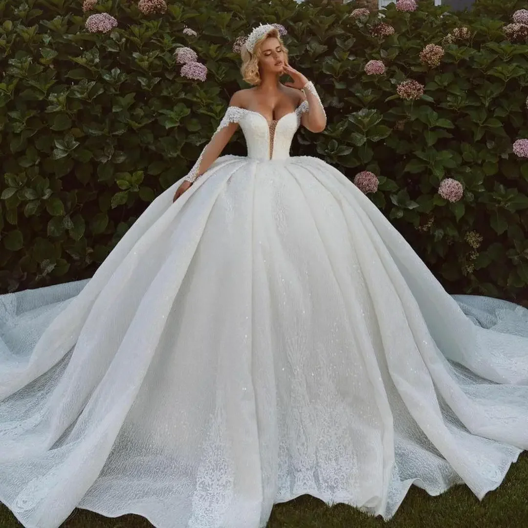 Robe de mariée ivoire sexy à manches longues avec paillettes brodées, robe de mariée sur mesure, longueur au sol, haute couture