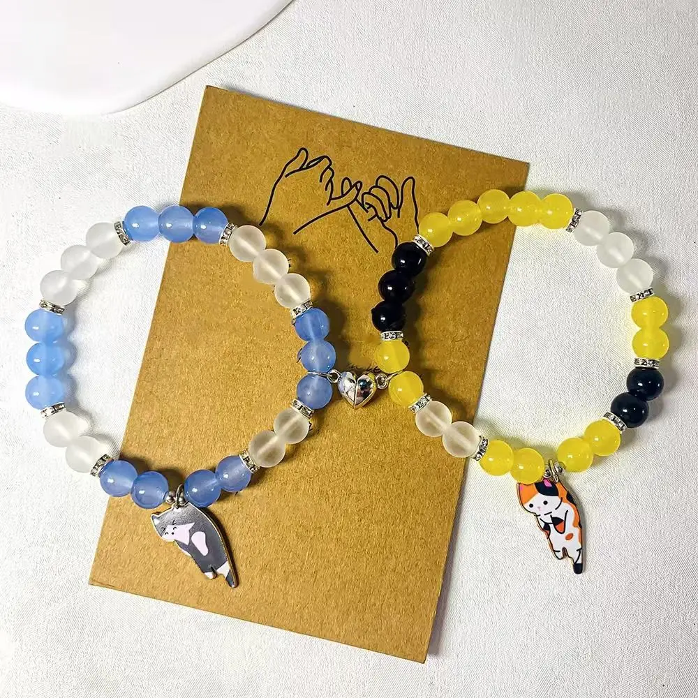 

1Pair Overlay Beaded Heart Magnetic Bracelet Bangle Wristband Lovers Friendship Bracelet Couple Cartoon Cat Hand Chain Gift