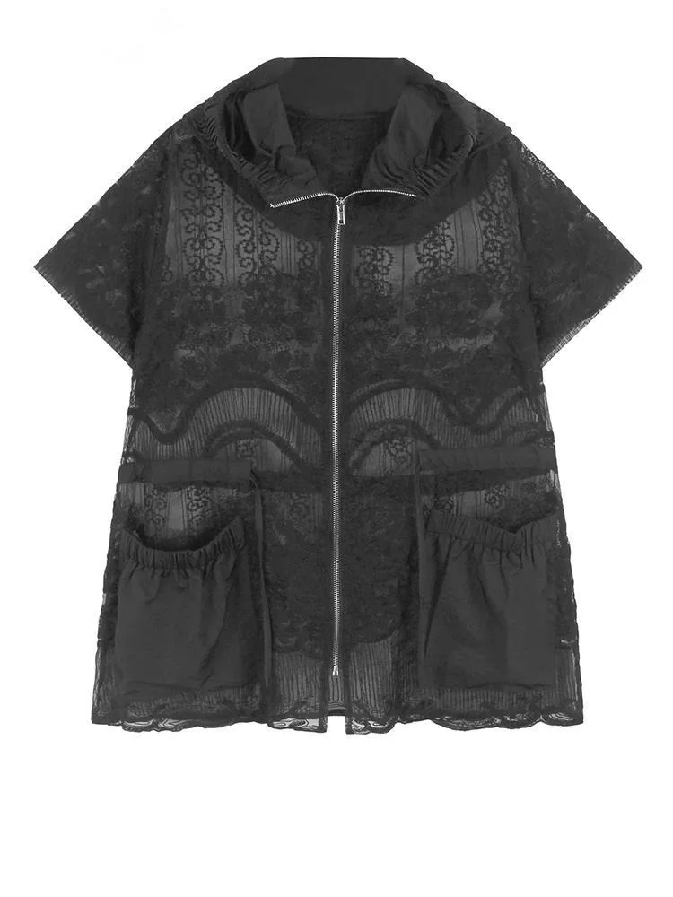 

Black Lace Perspective Big Size Thin Jacket New Hooded Short Sleeve Women Coat Fashion Tide Spring Summer