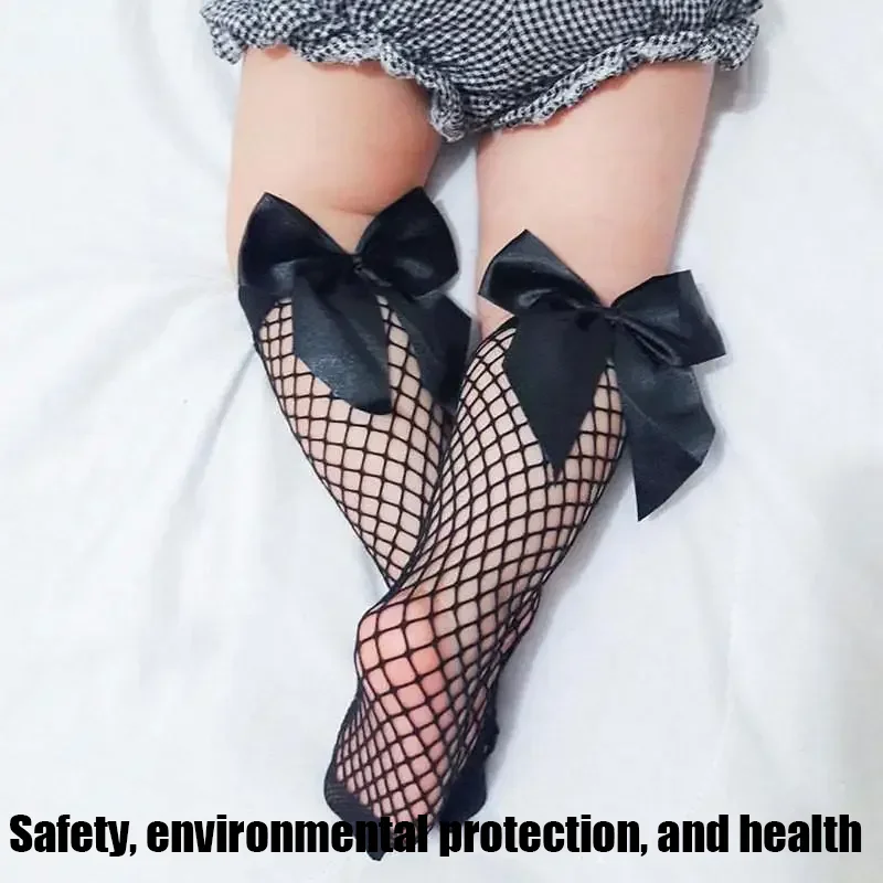 

Children Girls Bow Fishnet Stitch Cute Knee High Long Socks Summer Baby Kids Mesh Lolita Net Vintage White Black Floor Stockings