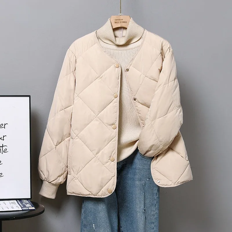 

Autumn Winter Streetwear Fashion Puffer Jacket Argyle Solid Color Age Reducing Coats Single-breasted Chic Grunge Unique Parkas