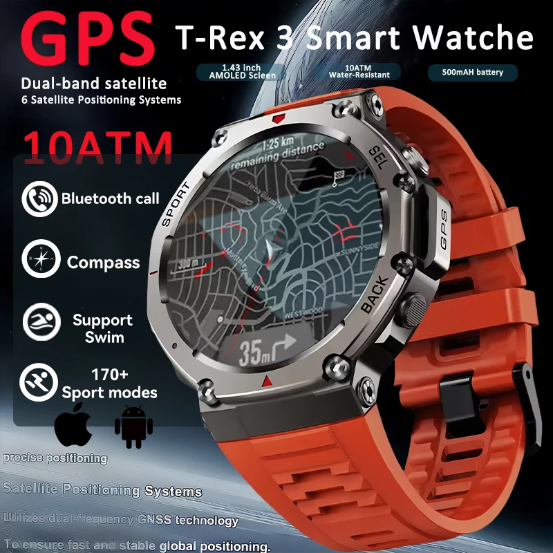 

Men T-Rex 3 Ultra Built-in Dual-band GPS Smartwatch 10ATM Waterproof HD Call Compass 170 Sport Durable Military Smart Watch 2025
